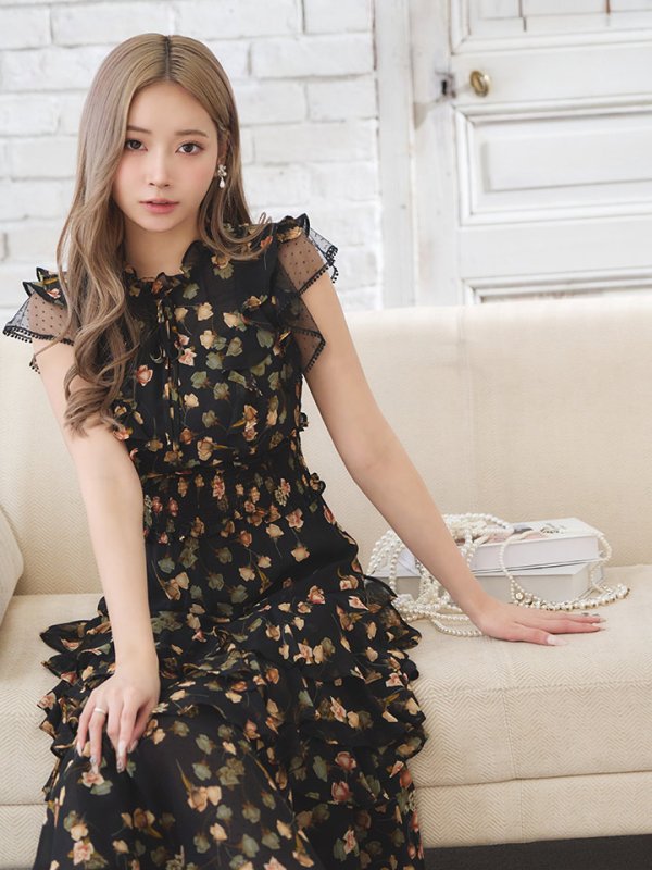 画像4: XS-Lサイズあり【SETTAN/セッタン】フラワープリント/ レース/ フリル/ ネックリボン/ 膝丈/ ミディアム丈/ Aライン/ フレア/ ワンピース/ キャバドレス[OF2]