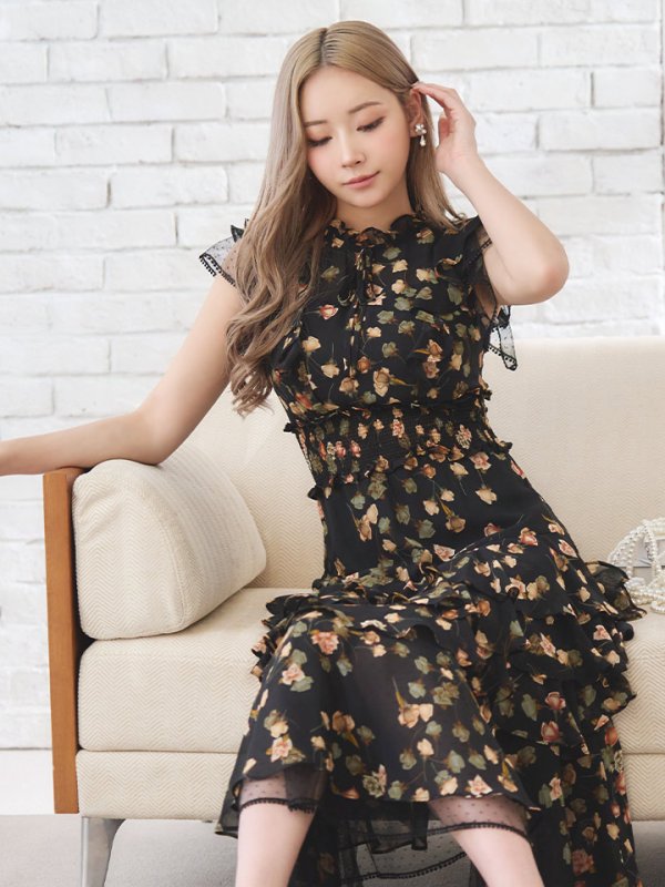 画像5: XS-Lサイズあり【SETTAN/セッタン】フラワープリント/ レース/ フリル/ ネックリボン/ 膝丈/ ミディアム丈/ Aライン/ フレア/ ワンピース/ キャバドレス[OF2]