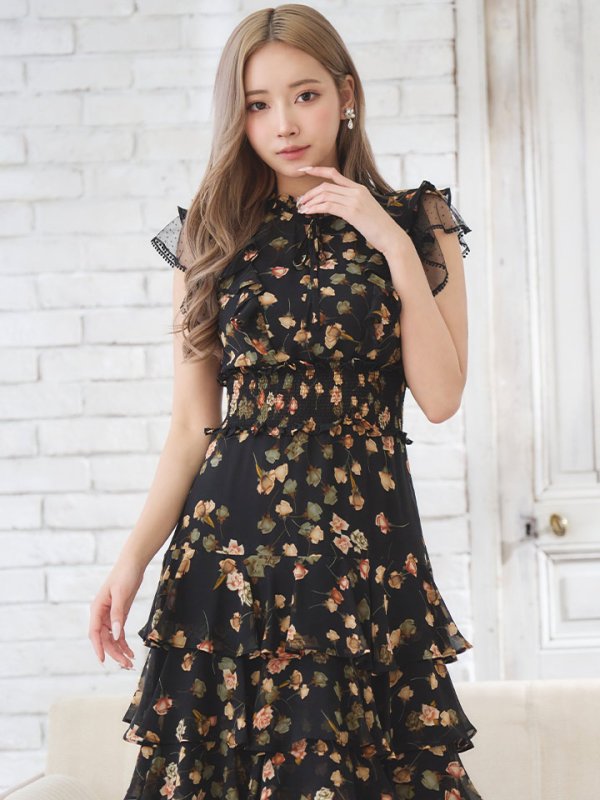 画像6: XS-Lサイズあり【SETTAN/セッタン】フラワープリント/ レース/ フリル/ ネックリボン/ 膝丈/ ミディアム丈/ Aライン/ フレア/ ワンピース/ キャバドレス[OF2]