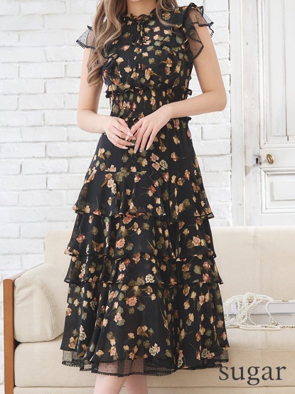 画像8: XS-Lサイズあり【SETTAN/セッタン】フラワープリント/ レース/ フリル/ ネックリボン/ 膝丈/ ミディアム丈/ Aライン/ フレア/ ワンピース/ キャバドレス[OF2]