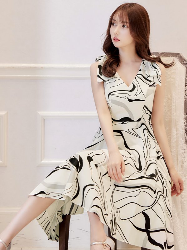 画像15: XS-Lサイズあり 【GINZA COUTURE/銀座クチュール】ニュアンス柄/ ペイント柄/ 肩リボン/ ノースリーブ/ 膝丈/ ミディアム丈/ フレア/ ワンピース/ キャバドレス[OF2]