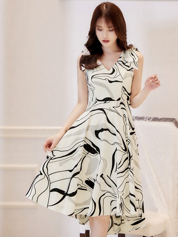 画像16: XS-Lサイズあり 【GINZA COUTURE/銀座クチュール】ニュアンス柄/ ペイント柄/ 肩リボン/ ノースリーブ/ 膝丈/ ミディアム丈/ フレア/ ワンピース/ キャバドレス[OF2]