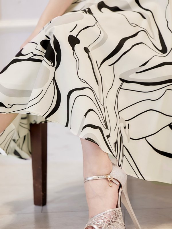 画像17: XS-Lサイズあり 【GINZA COUTURE/銀座クチュール】ニュアンス柄/ ペイント柄/ 肩リボン/ ノースリーブ/ 膝丈/ ミディアム丈/ フレア/ ワンピース/ キャバドレス[OF2]