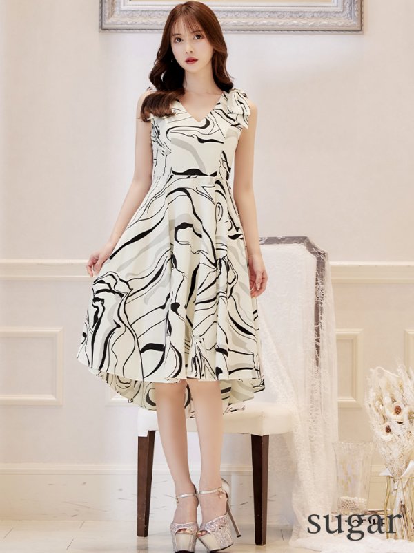 画像18: XS-Lサイズあり 【GINZA COUTURE/銀座クチュール】ニュアンス柄/ ペイント柄/ 肩リボン/ ノースリーブ/ 膝丈/ ミディアム丈/ フレア/ ワンピース/ キャバドレス[OF2]