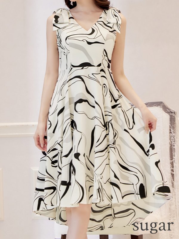 画像19: XS-Lサイズあり 【GINZA COUTURE/銀座クチュール】ニュアンス柄/ ペイント柄/ 肩リボン/ ノースリーブ/ 膝丈/ ミディアム丈/ フレア/ ワンピース/ キャバドレス[OF2]