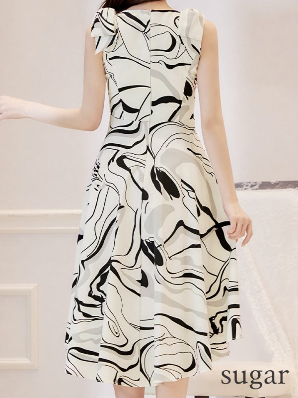 画像20: XS-Lサイズあり 【GINZA COUTURE/銀座クチュール】ニュアンス柄/ ペイント柄/ 肩リボン/ ノースリーブ/ 膝丈/ ミディアム丈/ フレア/ ワンピース/ キャバドレス[OF2]