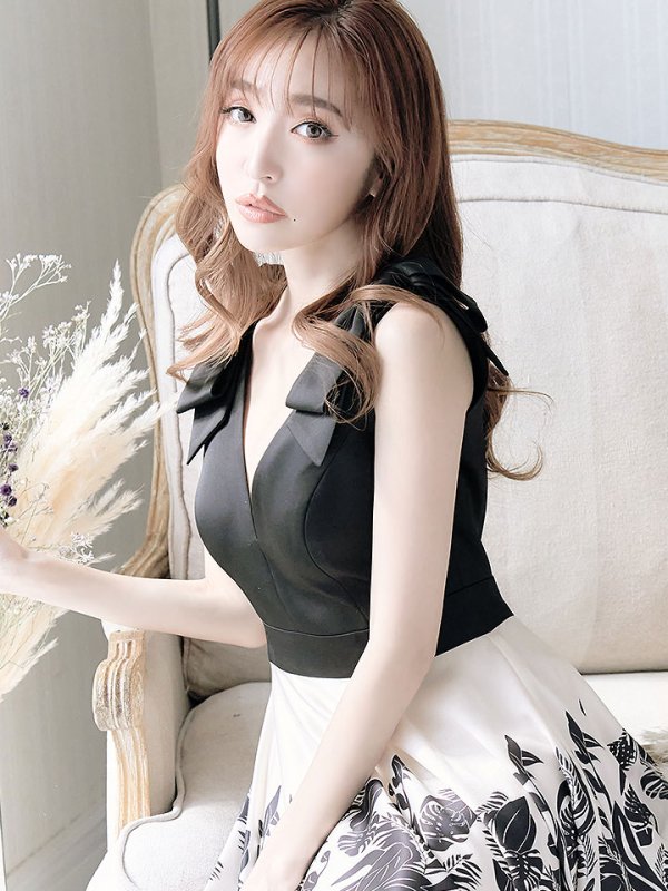 画像3: XS-Lサイズあり【SETTAN/セッタン】ボタニカルプリント/ リボン/ Aライン/ ノースリーブ/ ワンピース/ ミディアム丈/ キャバドレス[OF2]