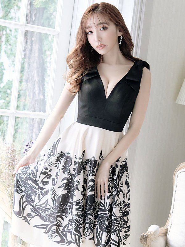 画像5: XS-Lサイズあり【SETTAN/セッタン】ボタニカルプリント/ リボン/ Aライン/ ノースリーブ/ ワンピース/ ミディアム丈/ キャバドレス[OF2]