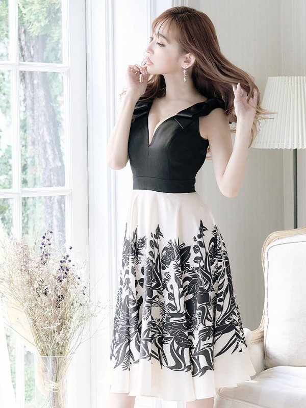 画像6: XS-Lサイズあり【SETTAN/セッタン】ボタニカルプリント/ リボン/ Aライン/ ノースリーブ/ ワンピース/ ミディアム丈/ キャバドレス[OF2]