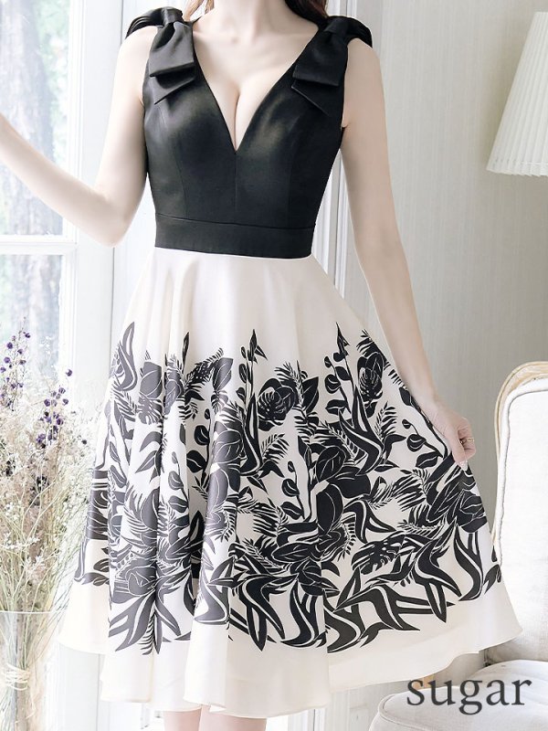 画像8: XS-Lサイズあり【SETTAN/セッタン】ボタニカルプリント/ リボン/ Aライン/ ノースリーブ/ ワンピース/ ミディアム丈/ キャバドレス[OF2]