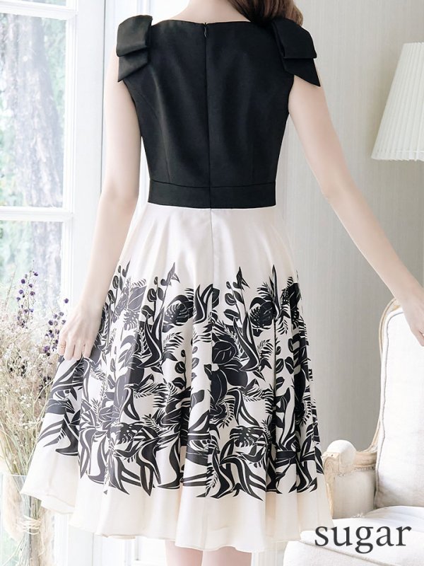 画像9: XS-Lサイズあり【SETTAN/セッタン】ボタニカルプリント/ リボン/ Aライン/ ノースリーブ/ ワンピース/ ミディアム丈/ キャバドレス[OF2]