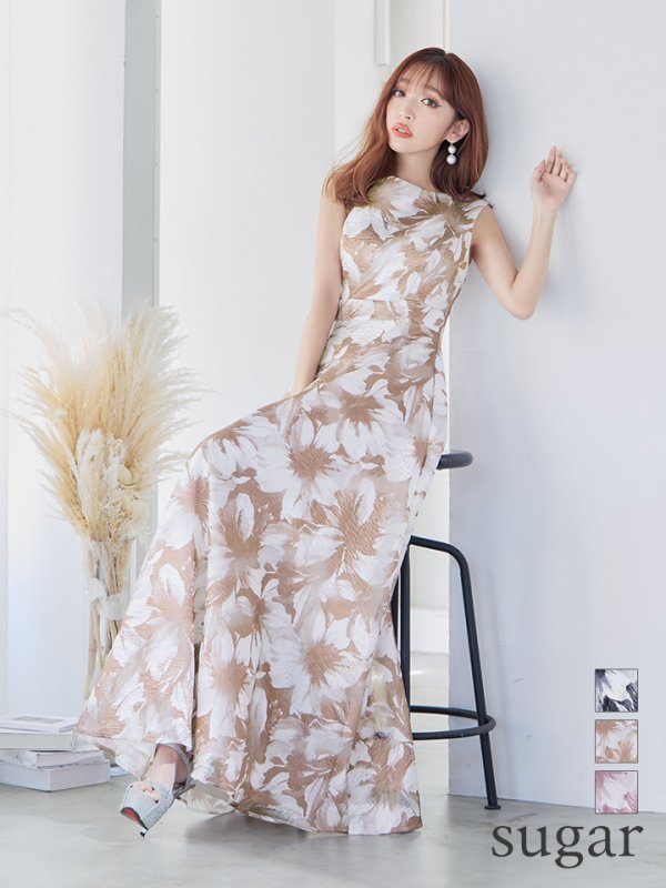 XS-Lサイズあり【GINZA COUTURE/銀座クチュール】フラワープリント/ ボートネック/ ノースリーブ/ Aライン/ ロングドレス/ キャバドレスlong　ブラウン