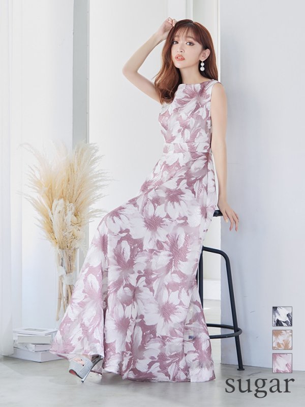 XS-Lサイズあり【GINZA COUTURE/銀座クチュール】フラワープリント/ ボートネック/ ノースリーブ/ Aライン/ ロングドレス/ キャバドレスlong　ピンク