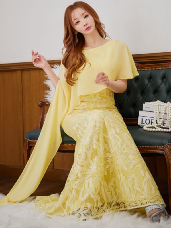 画像14: XS-Lサイズあり【SETTAN/セッタン】マーメイド/ ワンカラー/ レース/ ケープ風/ ロングスリープ/ ロングドレス / キャバドレス long[OF2]