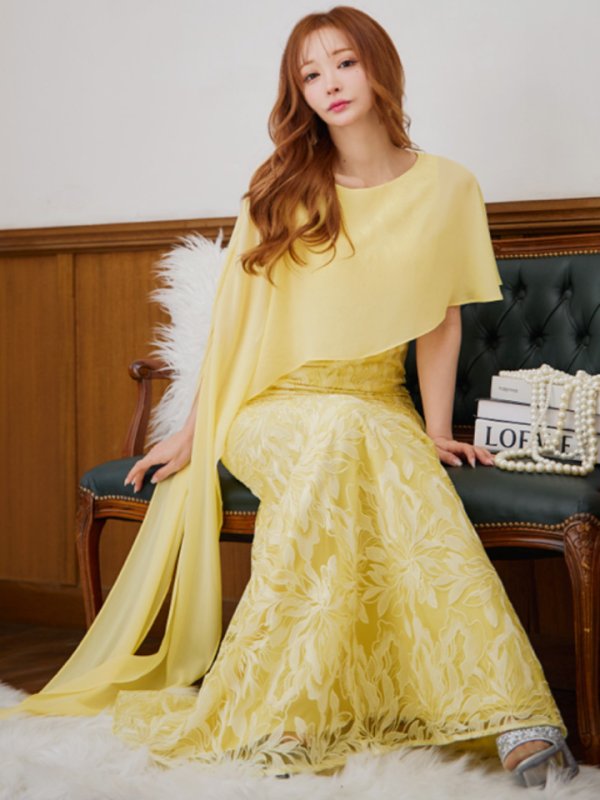 画像16: XS-Lサイズあり【SETTAN/セッタン】マーメイド/ ワンカラー/ レース/ ケープ風/ ロングスリープ/ ロングドレス / キャバドレス long[OF2]