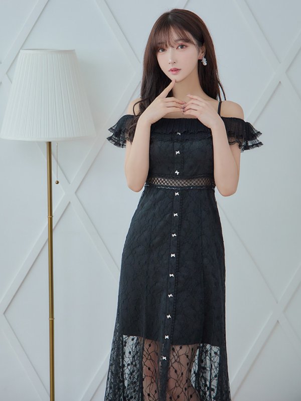 画像13: 【SETTAN/セッタン】オフショル/フラワーレース/ リボン/ フリル/ マキシ丈/ワンピース/足透け/ キャバドレス[OF2]