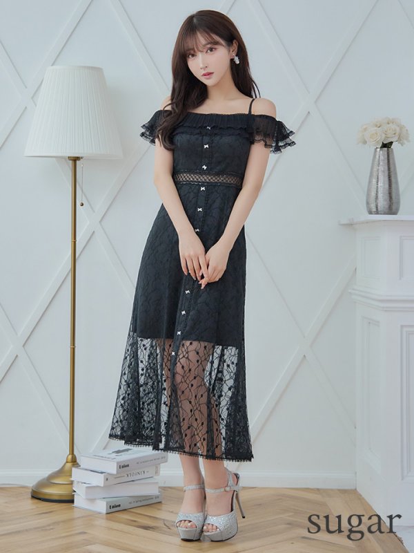 画像16: 【SETTAN/セッタン】オフショル/フラワーレース/ リボン/ フリル/ マキシ丈/ワンピース/足透け/ キャバドレス[OF2]