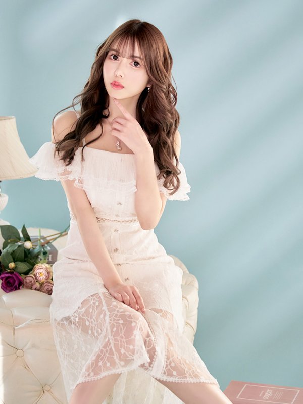 画像4: 【SETTAN/セッタン】オフショル/フラワーレース/ リボン/ フリル/ マキシ丈/ワンピース/足透け/ キャバドレス[OF2]