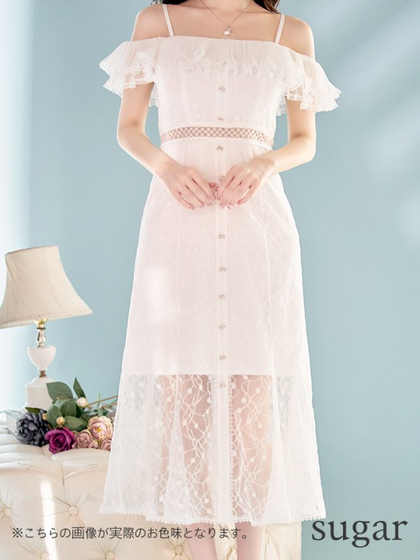 画像8: 【SETTAN/セッタン】オフショル/フラワーレース/ リボン/ フリル/ マキシ丈/ワンピース/足透け/ キャバドレス[OF2]