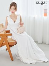 XS-Lサイズあり【SETTAN/セッタン】シンプル/ サテン/ ショルダーリボン/ Vネック/ Aライン/ ロングドレス / キャバドレス long[OF2]
