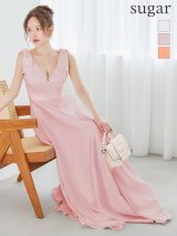 XS-Lサイズあり【SETTAN/セッタン】シンプル/ サテン/ ショルダーリボン/ Vネック/ Aライン/ ロングドレス / キャバドレス long[OF2]