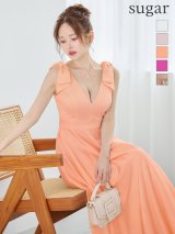 XS-Lサイズあり【SETTAN/セッタン】シンプル/ サテン/ ショルダーリボン/ Vネック/ Aライン/ ロングドレス / キャバドレス long[OF2]