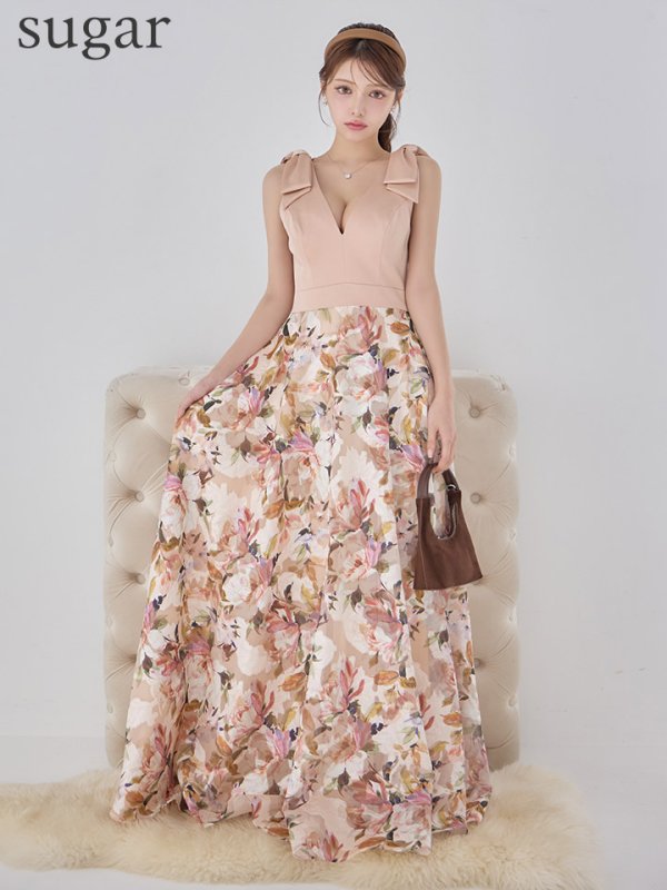 ベージュxプリント モデル：ももか　身長：156cm　着用サイズ：7号(Sサイズ)