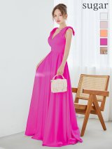 XS-Lサイズあり【SETTAN/セッタン】シンプル/ サテン/ ショルダーリボン/ Vネック/ Aライン/ ロングドレス / キャバドレス long[OF2]