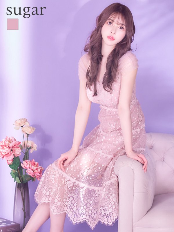 画像10: XS-Lサイズあり【SETTAN/セッタン】フラワーレース/ ドットチュール/ Aライン/ ミモレ丈/ ワンピース/ ミニドレス/ キャバドレス[OF2]