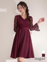 XS-Lサイズあり【SETTAN/セッタン】 ワンカラー/ レース/ サテン/ Vネック/ 長袖/ ベルスリーブ/ ミディアムドレス/ キャバドレス[OF2]