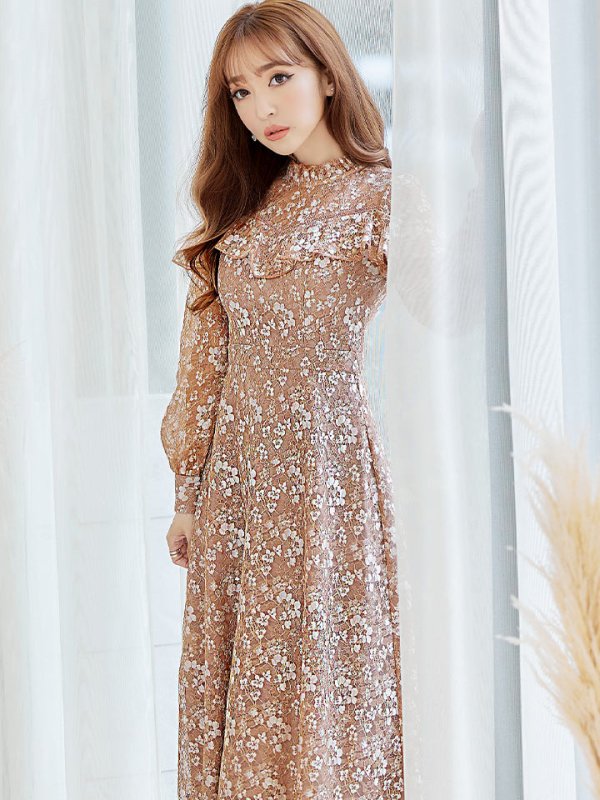 画像3: XS-Lサイズあり【SETTAN/セッタン】総レース/ ハイネック/ 長袖/ 袖あり/ Aライン/ ミディアム丈/ ワンピース/キャバドレス[OF2]