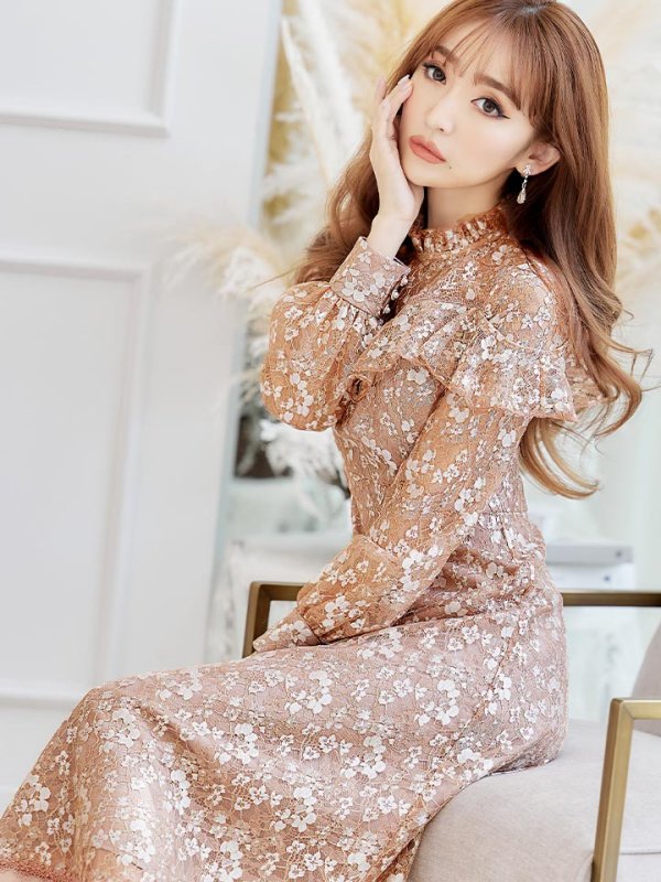 画像6: XS-Lサイズあり【SETTAN/セッタン】総レース/ ハイネック/ 長袖/ 袖あり/ Aライン/ ミディアム丈/ ワンピース/キャバドレス[OF2]