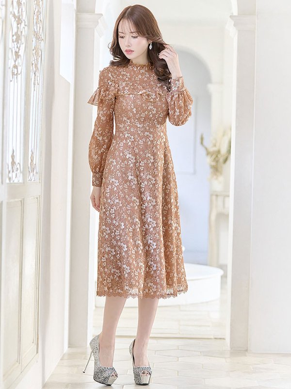 画像13: XS-Lサイズあり【SETTAN/セッタン】総レース/ ハイネック/ 長袖/ 袖あり/ Aライン/ ミディアム丈/ ワンピース/キャバドレス[OF2]