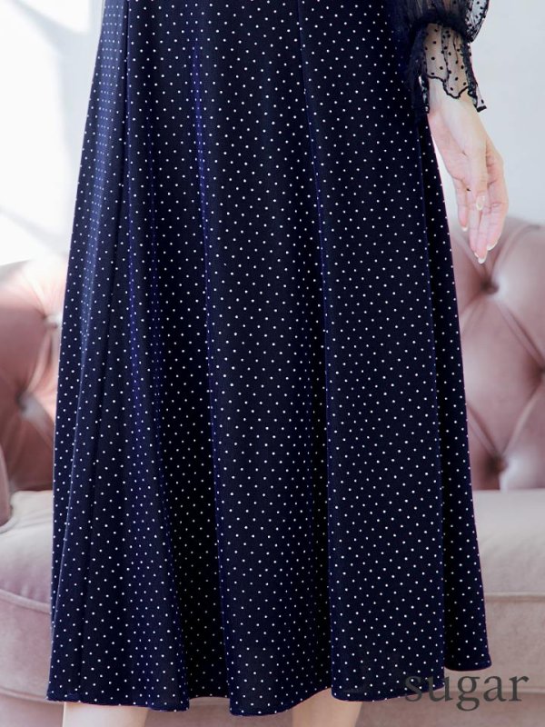 画像10: XS-Lサイズあり【SETTAN/セッタン】ベロア/ レース/ ドット/ リボン/ 長袖/ 袖あり/ Aライン/ ミディアム丈/ ワンピース/ キャバドレス[OF2]