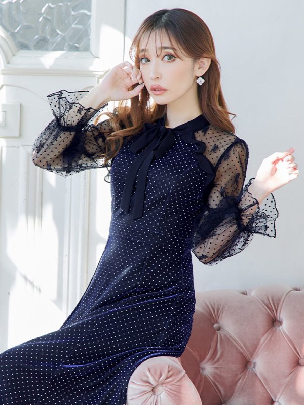 画像6: XS-Lサイズあり【SETTAN/セッタン】ベロア/ レース/ ドット/ リボン/ 長袖/ 袖あり/ Aライン/ ミディアム丈/ ワンピース/ キャバドレス[OF2]