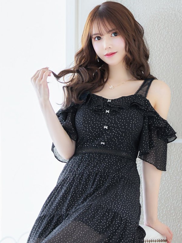 画像5: XS-Lサイズあり【SETTAN/セッタン】ドット/ オフショル/ フリルスリーブ/ ミモレ丈/ ワンピース/ ミニドレス/ キャバドレス[OF2]