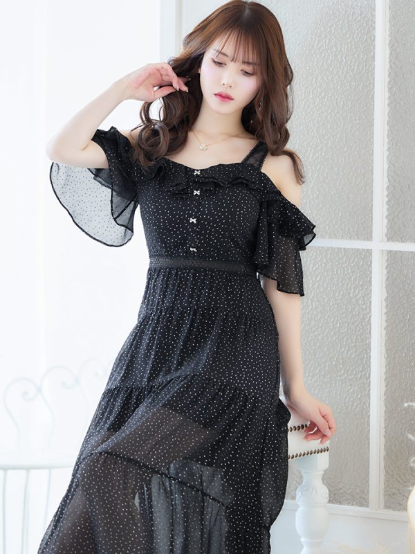 画像6: XS-Lサイズあり【SETTAN/セッタン】ドット/ オフショル/ フリルスリーブ/ ミモレ丈/ ワンピース/ ミニドレス/ キャバドレス[OF2]