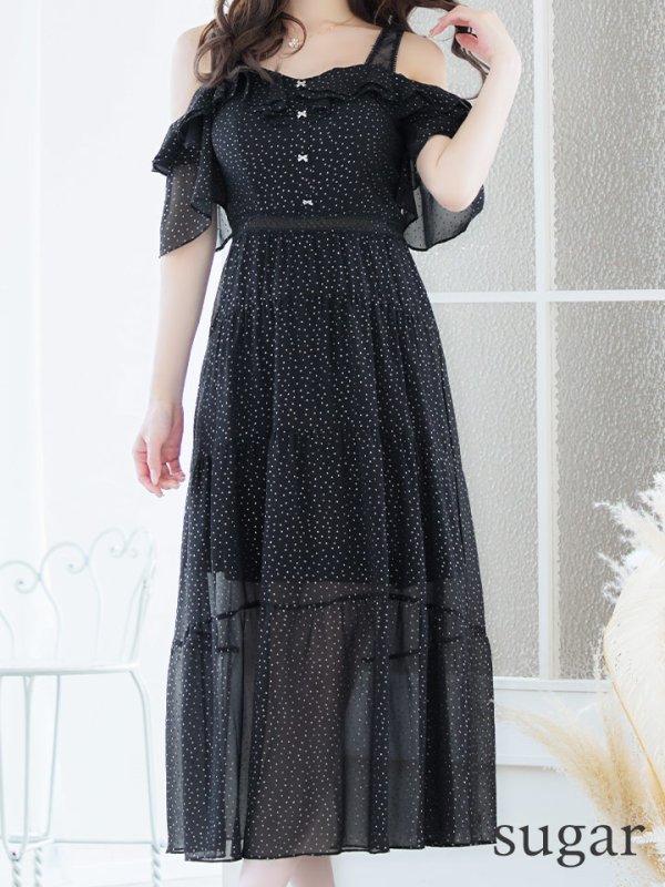 画像8: XS-Lサイズあり【SETTAN/セッタン】ドット/ オフショル/ フリルスリーブ/ ミモレ丈/ ワンピース/ ミニドレス/ キャバドレス[OF2]