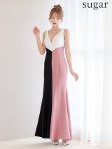 XS-Lサイズあり【SETTAN/セッタン】バイカラー/ Vネック/ ノースリーブ/マーメイド/ ワンピース/ロングドレス/ キャバドレス[OF2]