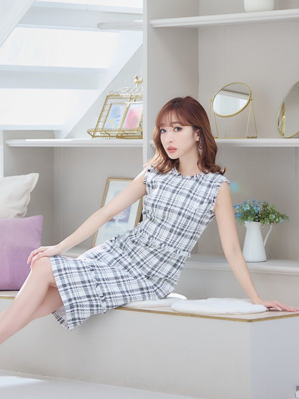 画像4: 【XS-Lサイズあり】【ERUKEI エルケイ】ツイード/ チェック/ ノースリーブ/ フリンジ/ タイト/ ワンピース/ ミディアムドレス/ キャバドレス[OF2]