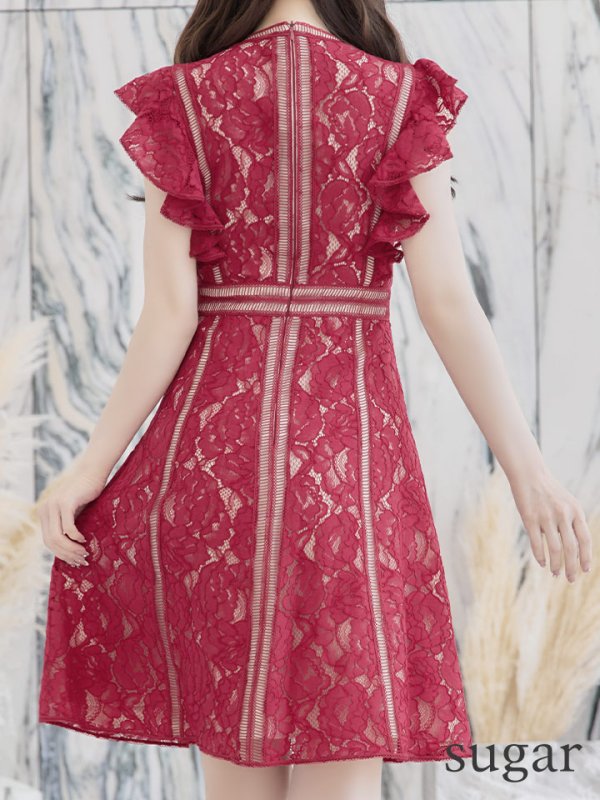 画像9: 【SETTAN/セッタン】総レース/ Vネック/ Aライン/ フリル袖/ 袖あり/ ミディアム丈/ ワンピース/ キャバドレス[OF2]