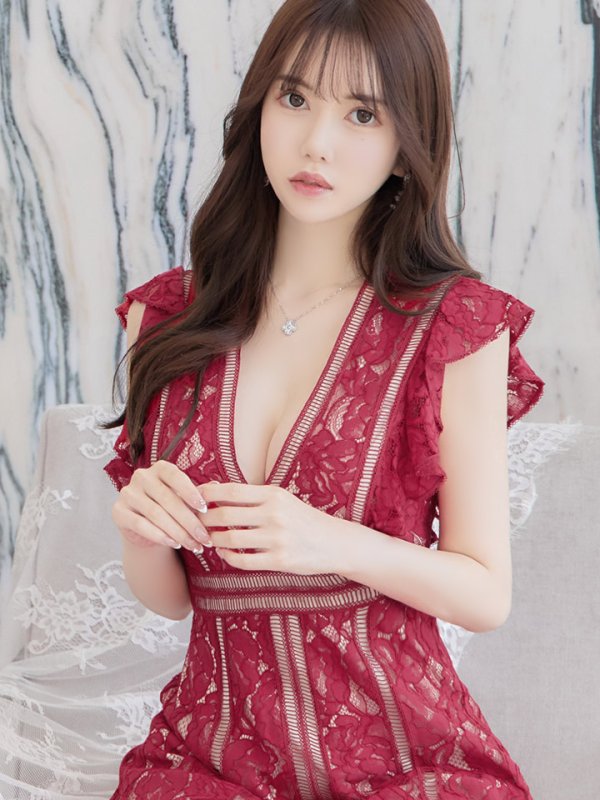 画像12: 【SETTAN/セッタン】総レース/ Vネック/ Aライン/ フリル袖/ 袖あり/ ミディアム丈/ ワンピース/ ミニドレス/ キャバドレス[OF2]