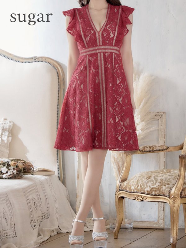 画像8: 【SETTAN/セッタン】総レース/ Vネック/ Aライン/ フリル袖/ 袖あり/ ミディアム丈/ ワンピース/ ミニドレス/ キャバドレス[OF2]