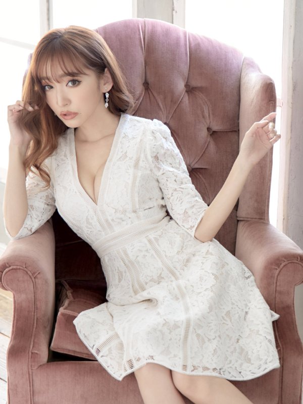 画像5: 【XS-Lサイズあり】【SETTAN/セッタン】総レース/ 袖あり/ 七分袖/ Vネック/ Aライン/ ミディアム丈/ ワンピース/ ミニドレス/ キャバドレス[OF2]