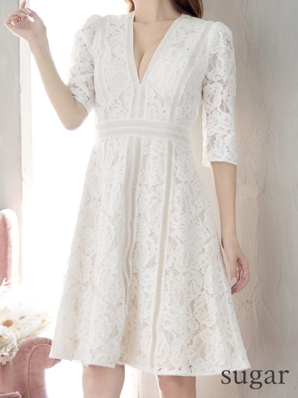 画像8: 【XS-Lサイズあり】【SETTAN/セッタン】総レース/ 袖あり/ 七分袖/ Vネック/ Aライン/ ミディアム丈/ ワンピース/ ミニドレス/ キャバドレス[OF2]