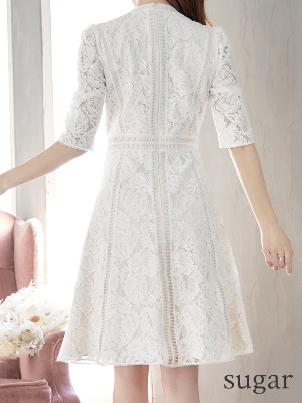 画像9: 【XS-Lサイズあり】【SETTAN/セッタン】総レース/ 袖あり/ 七分袖/ Vネック/ Aライン/ ミディアム丈/ ワンピース/ ミニドレス/ キャバドレス[OF2]