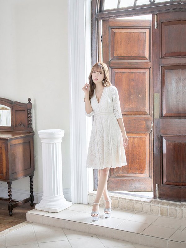 画像3: 【XS-Lサイズあり】【SETTAN/セッタン】総レース/ 袖あり/ 七分袖/ Vネック/ Aライン/ ミディアム丈/ ワンピース/ ミニドレス/ キャバドレス[OF2]