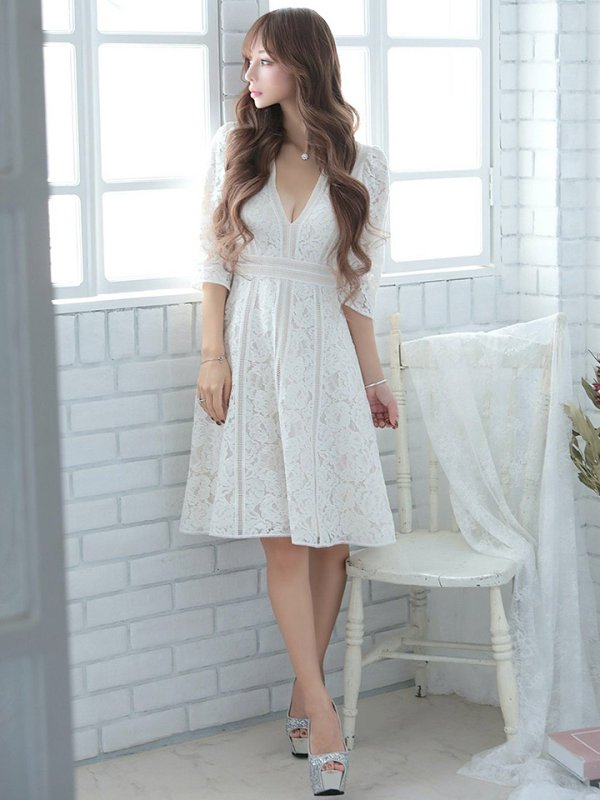 画像4: 門りょうちゃん着用【XS-Lサイズあり】【SETTAN/セッタン】総レース/ 袖あり/ 七分袖/ Vネック/ Aライン/ ミディアム丈/ ワンピース/ ミニドレス/ キャバドレス[OF2]