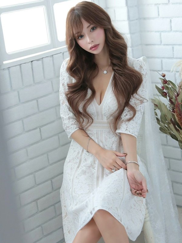 画像5: 門りょうちゃん着用【XS-Lサイズあり】【SETTAN/セッタン】総レース/ 袖あり/ 七分袖/ Vネック/ Aライン/ ミディアム丈/ ワンピース/ ミニドレス/ キャバドレス[OF2]