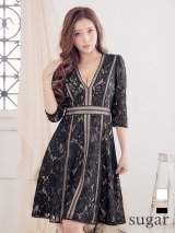 【XS-Lサイズあり】【SETTAN/セッタン】総レース/ 袖あり/ 七分袖/ Vネック/ Aライン/ ミディアム丈/ ワンピース/キャバドレス[OF2]